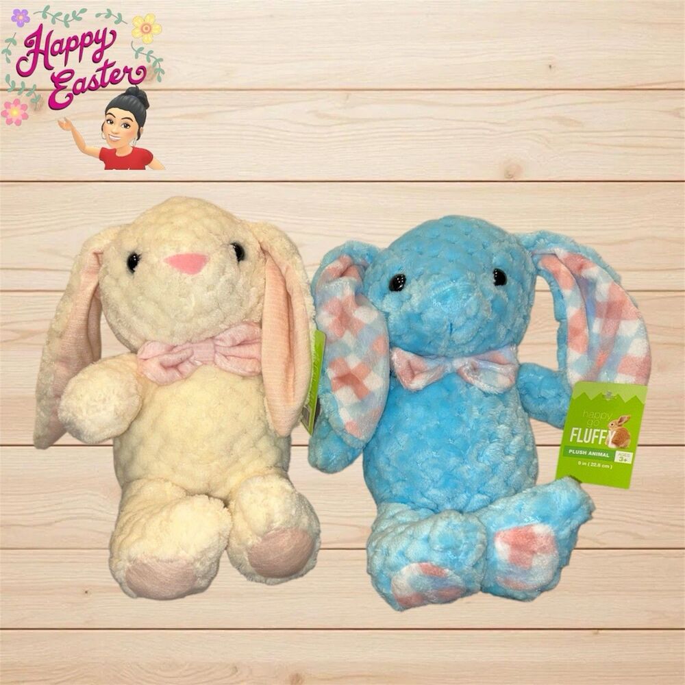 2x Kellytoy Easter Bunny Plush White Blue Checkered Stuffed Animal 9"
